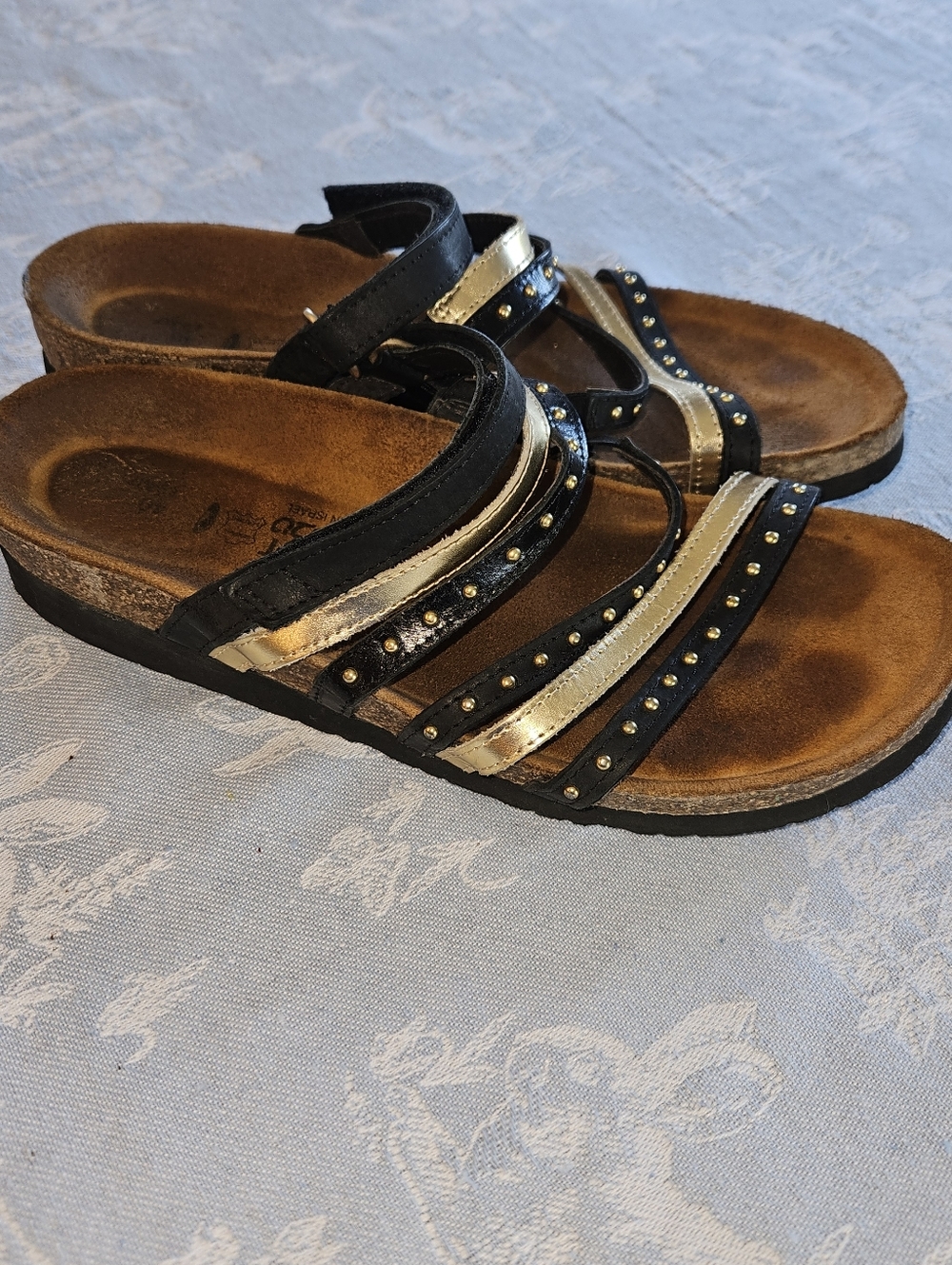 Naot Women's Multi-Strip Slide Sandals in Metallic Gold and Black Size 40